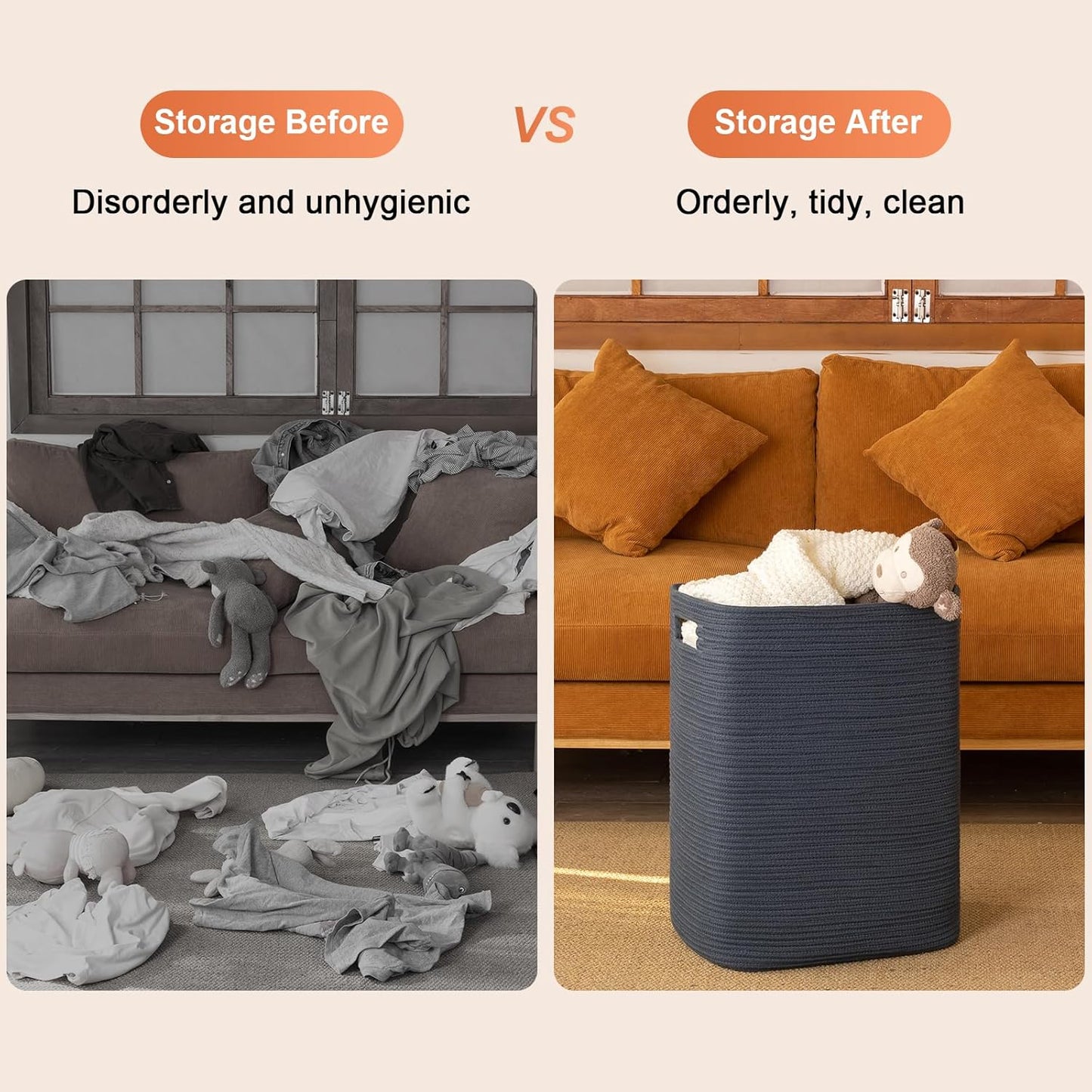 OIAHOMY Laundry Hamper, Laundry Basket，Rectangle Cotton Large Blanket Storage Basket for Living room,Bedroom Woven Decorative Storage for Toys,Clothes,Pillows-16x13x22in-Blue