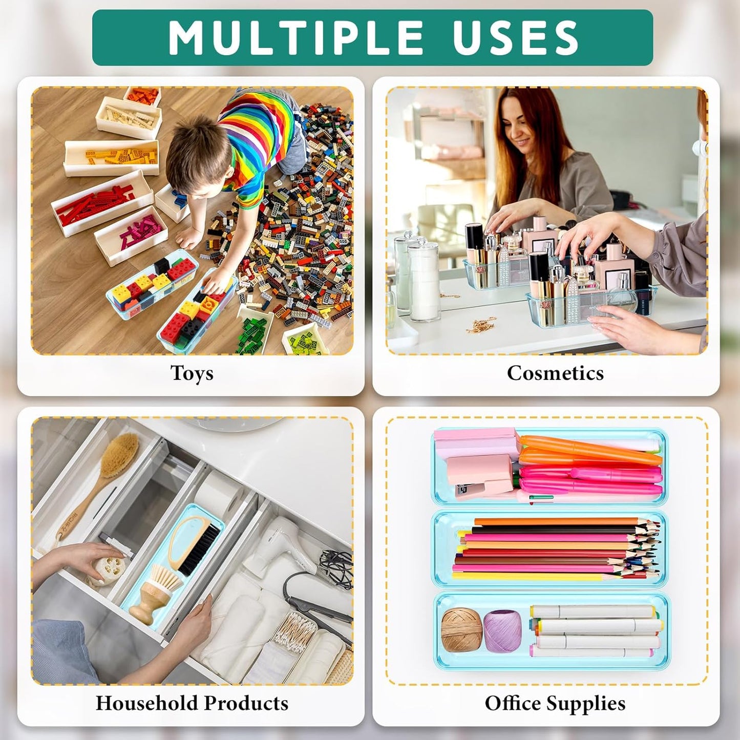 Maitys 12 Pcs Vanity Drawer Organizer 9 x 3 x 2 Inches Clear Plastic Utensil Organizers Kitchen Drawers Dividers for Office Desk Silverware Kitchen Utensils Cosmetics and Bathrooms(Blue)