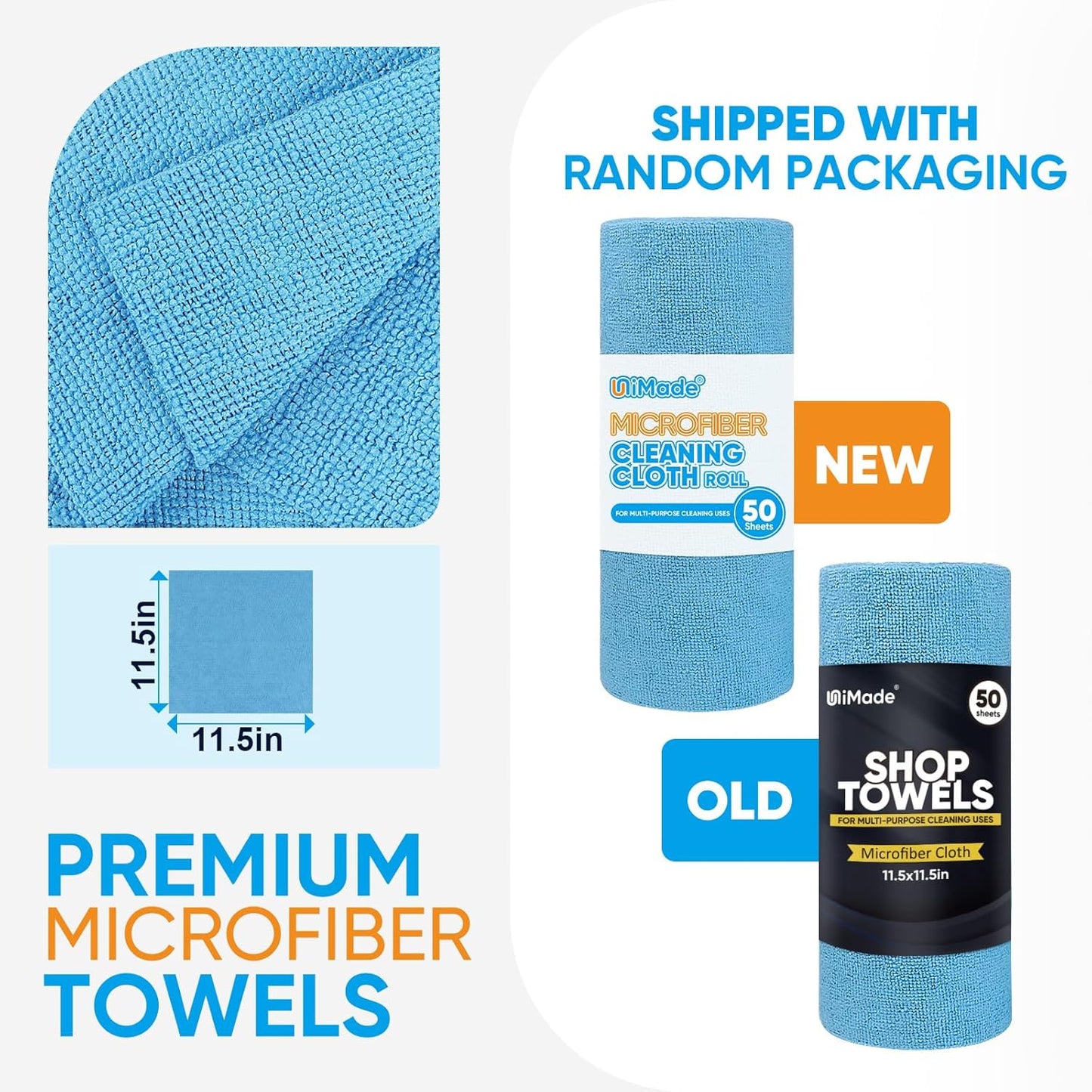 Microfiber Cleaning Cloth, 50 Sheets Shop Towels Commercial Grade Washcloths Lint-Free Clean Rags Bulk Towels for Cars Mechanic Restaurant Garage Housekeeping, 11.5"x 11.5", Blue