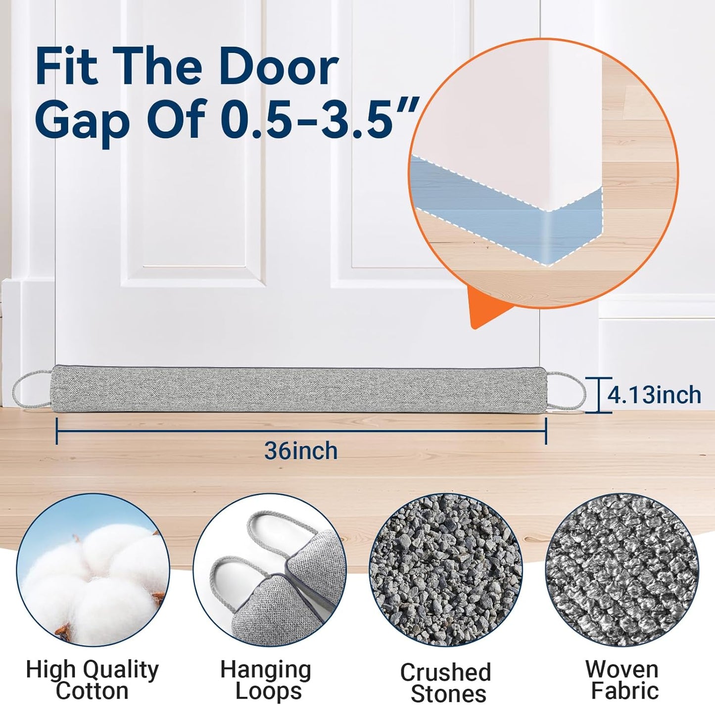 Door Draft Stopper for Bottom of Door, 36’’ Heavy Duty Under Door Draft Blocker Gap Filler, Door Seal for Noise Light Cold Air, with Adhesive Strips, Light Gray