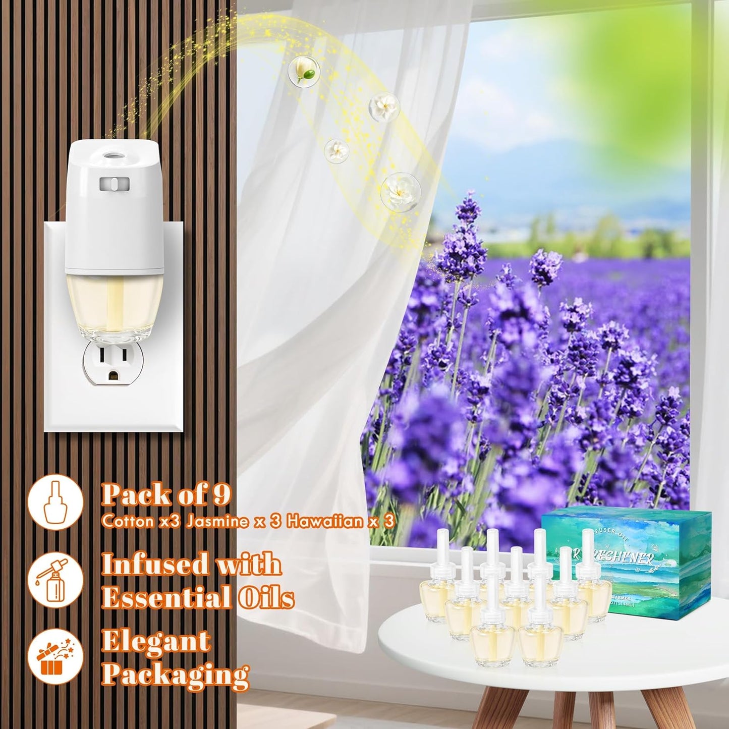 Plug-in Air Freshener Starter Kit, 1 Warmer and 9 Essential Oil Refills, Lavender, Vanilla, Linen Scent for Home, Bathroom and Office, Compatible with Air Wick and Glade Air Fresheners
