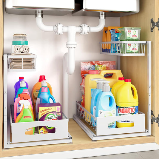 Under Sink Organizer, 2 Pack Height Adjustable Cabinet Organizer with Slide Out Drawer, Pull Out Under Sink Storage, Multi-Purpose 2 Tier Sink Shelves for Kitchen Bathroom Pantry (White, 2 Pack)