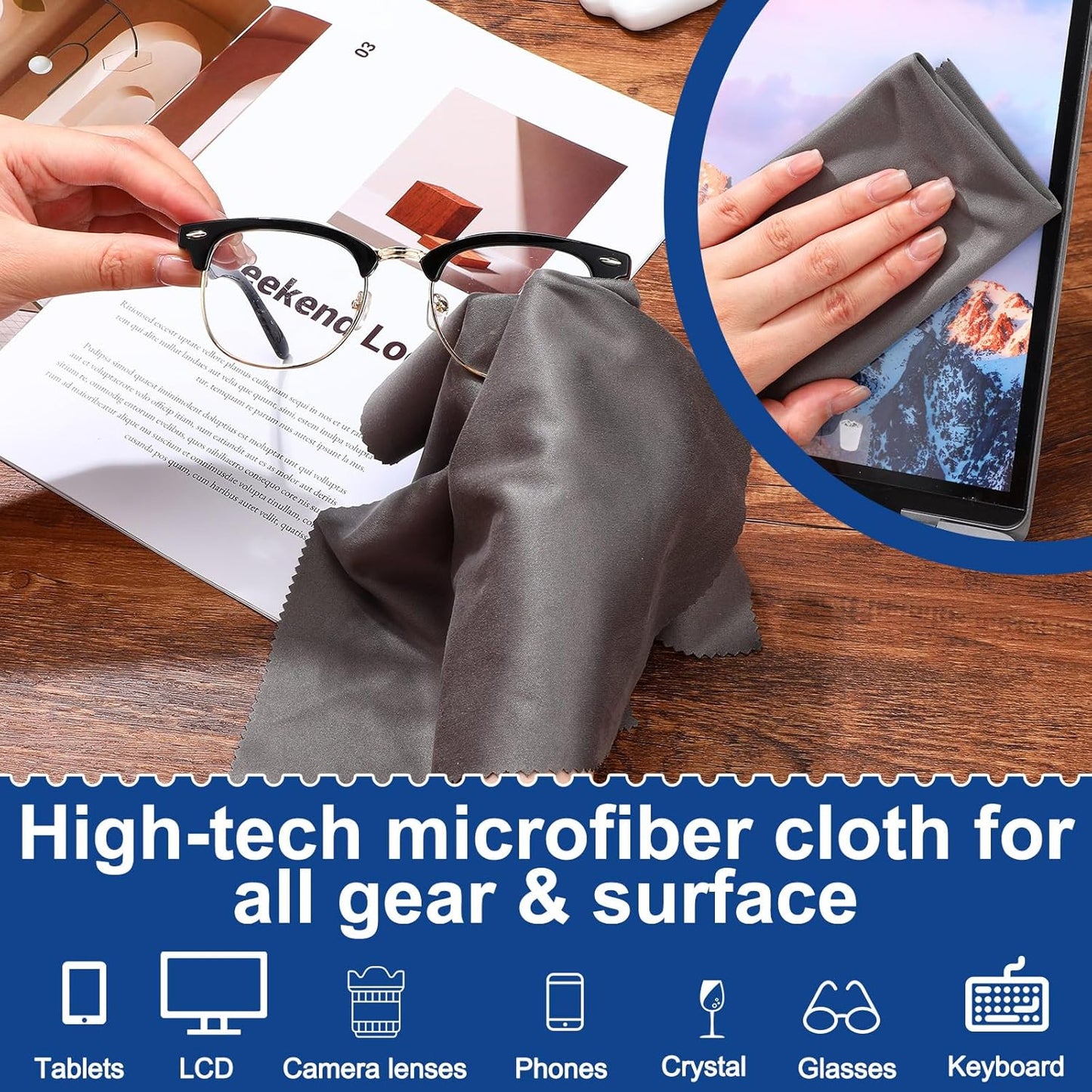 Frienda 12 Pack Large Microfiber Glass Cleaning Cloths 12 x 12 Inch Oversized Eyeglass Sunglasses Cleaning Cloths for Electronics Glasses Screens and Lenses(Gray)