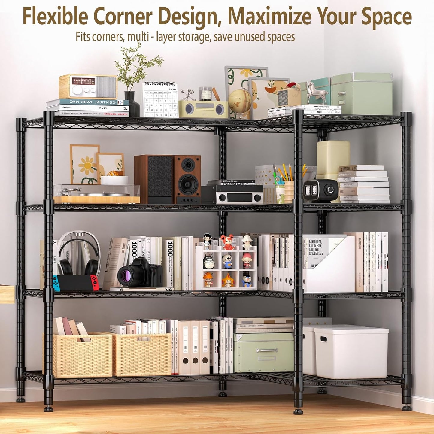 Himimi 4-Tier Adjustable Metal Shelving - 1600LBS Capacity, Heavy Duty Wire Organizer for Kitchen, Garage, Pantry, Laundry, 72" W x 18" D x 60" H, Black