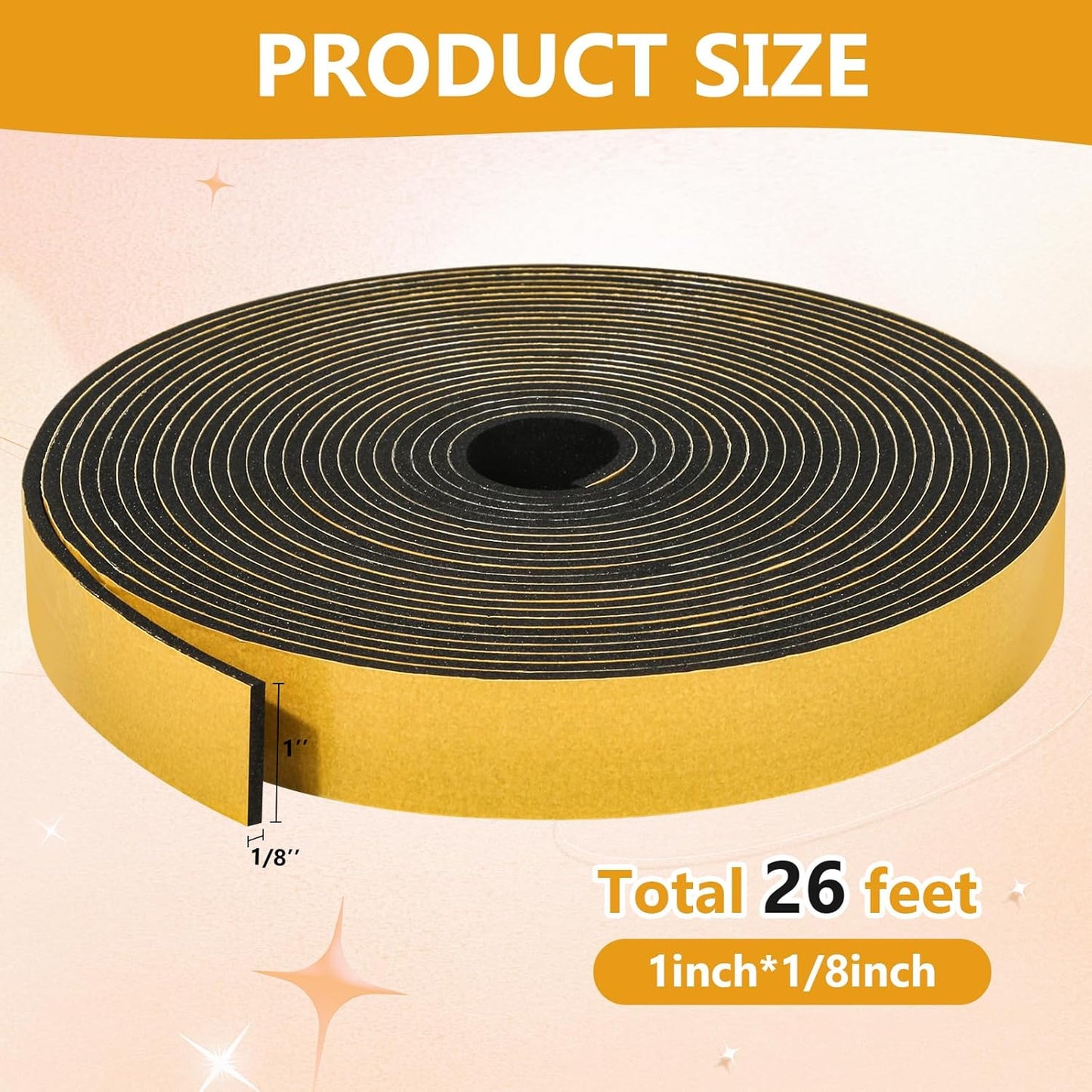 26Feet Weather Stripping Seal (1 Inch X 1/8 Inch) for Door Window, High Density Foam Tape, Soundproofing, Insulation Strip, Door Sealers for Door Frame- Black