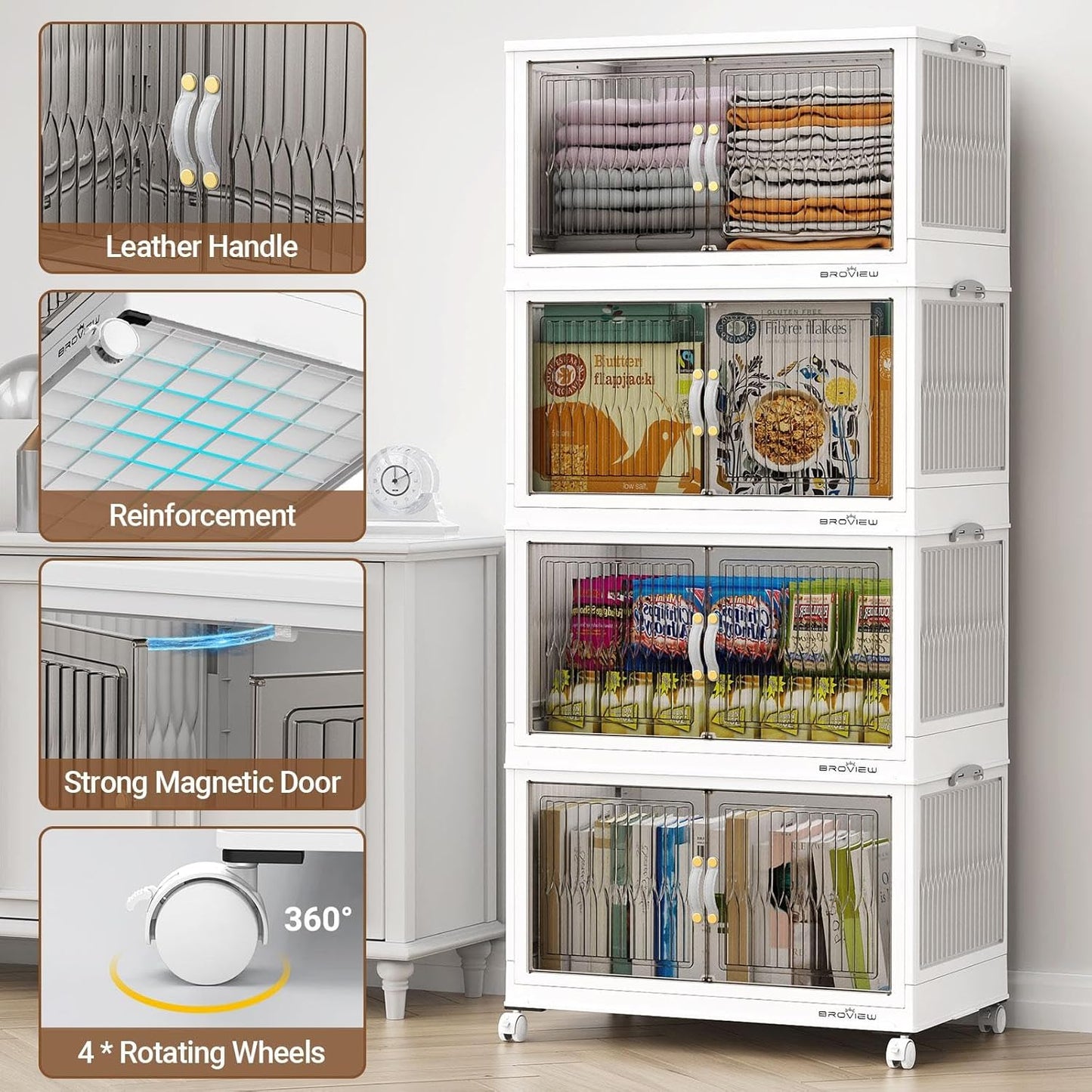 BROVIEW 360Qt Stackable Storage Bins with Lid, Extra Large Closet Organizer Collapsible Drawer Boxes with Wheels, Folding Plastic Cabinet Containers for Home Kitchen Room Organization, 3Pack White