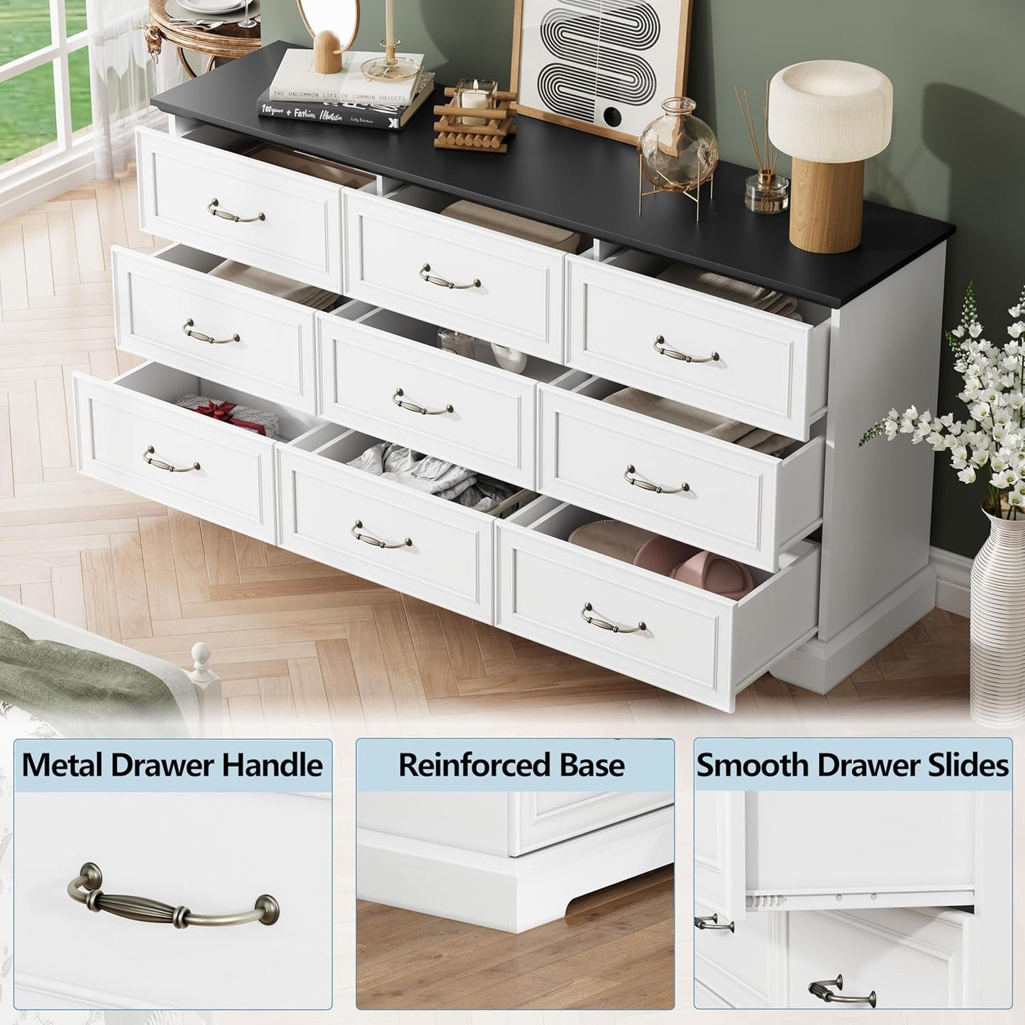 9 Drawer Dresser for Bedroom, 63" Wide Wooden Chest of Drawers, Rustic Farmhouse Dresser with Large Drawers & Metal Handles, Modern Storage Organizer for Closet, Living Room, Hallway, White