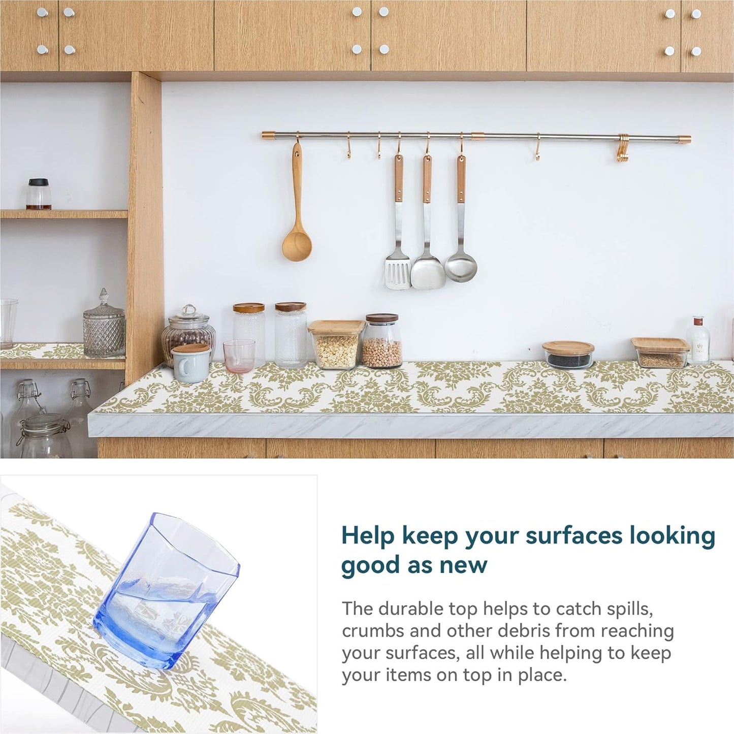 Shelf Liner for Kitchen Cabinets Non Adhesive Kitchen Drawer Liner, Waterproof Shelf Liner Durable Anti-Slip for Kitchen Cabinets Shelf Liner (Gold, 4Rolls(18x96inch))