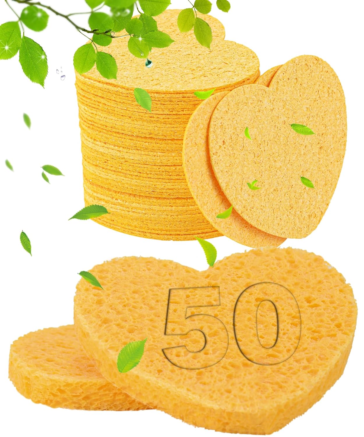 50-Count Compressed Facial Sponges for Estheticians- 100% Natural Cellulose Face Sponge Spa Sponges for Face Cleansing, Massage, Pore Exfoliating, Mask, Makeup Removal (Love-Yellow)