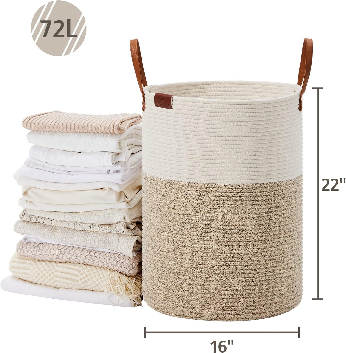 VIPOSCO Tall Laundry Basket, Large Dirty Clothes Hamper with Leather Handle, Woven Rope Storage Basket for Blanket, Toy In Living Room, Bathroom, Bedroom - 72L White & Brown