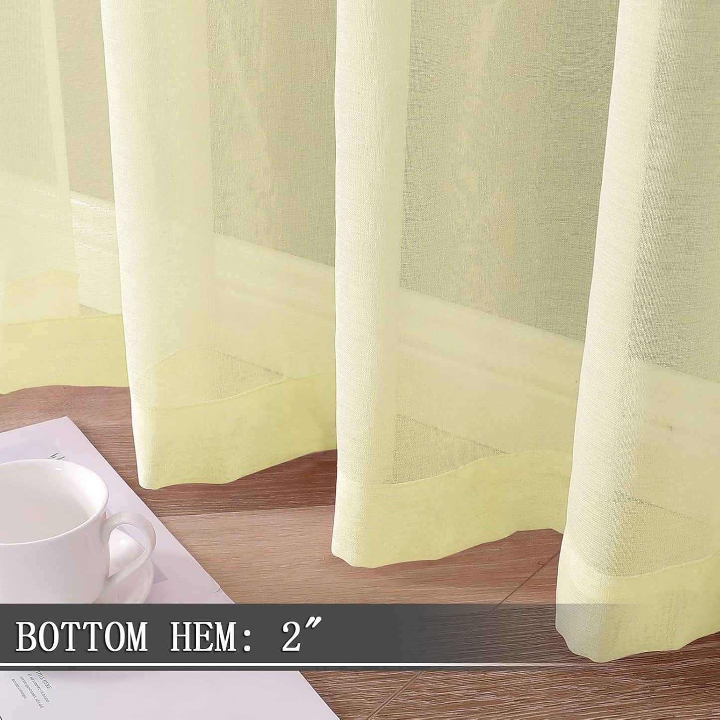 Tollpiz Short Sheer Curtain Linen Textured Bedroom Curtains Sheer Light Filtering Rod Pocket Voile Curtain for Living Room, 54 x 54 inches Long, Transparent Yellow, Set of 2 Panels