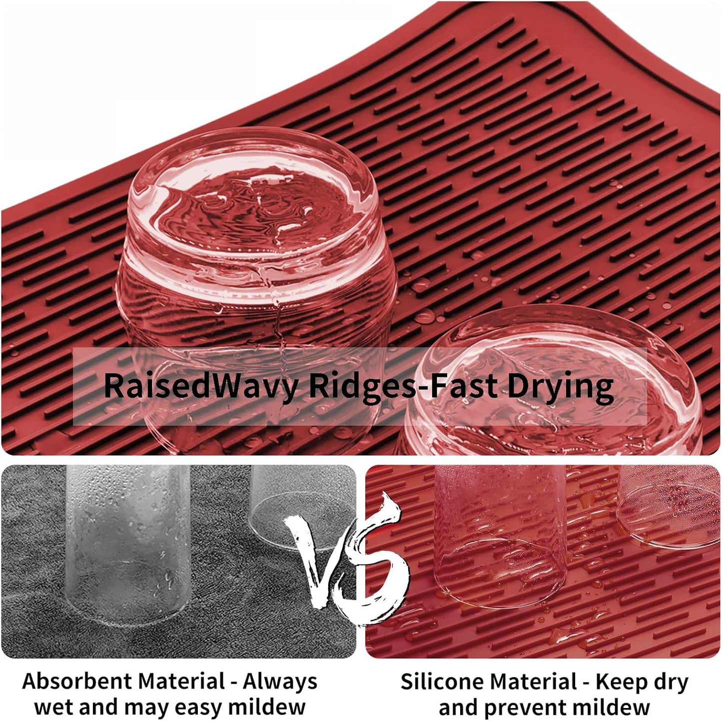 ZLR Silicone Dish Drying Mat for Kitchen Counter, Eco-Friendly Fast Dry Dish Mat, Easy Clean Multi Usage Drying Matt, Heat Resistant Trivet, 16" x 18" XL, Lave Red