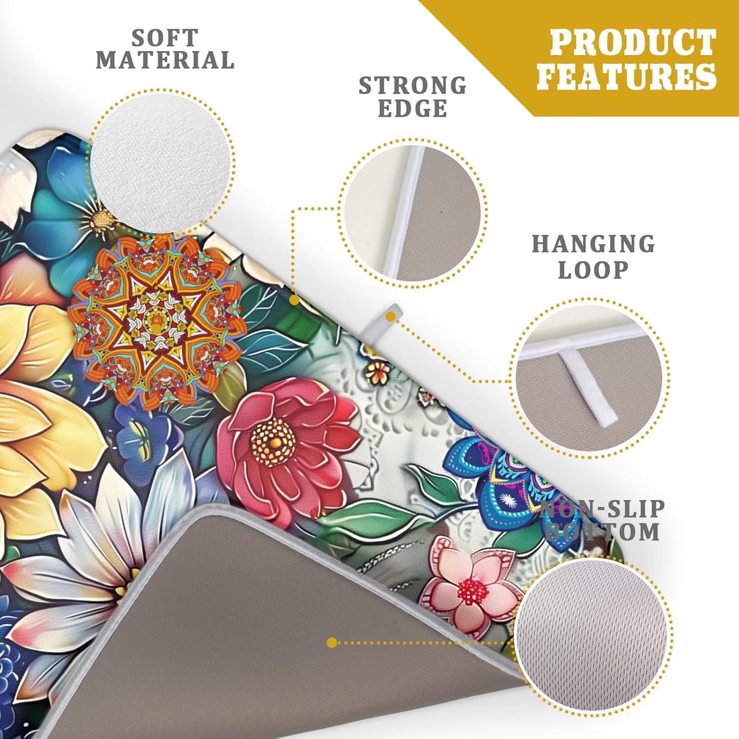 Boho Floral Dish Drying Mat for Kitchen Counter 18x24 Inch Super Absorbent Microfiber Kitchen Drying Mat Bohemian Flower Dish Drainer Rack Mat Reusable Washable Dish Drying Pad for Kitchen Coffee Bar