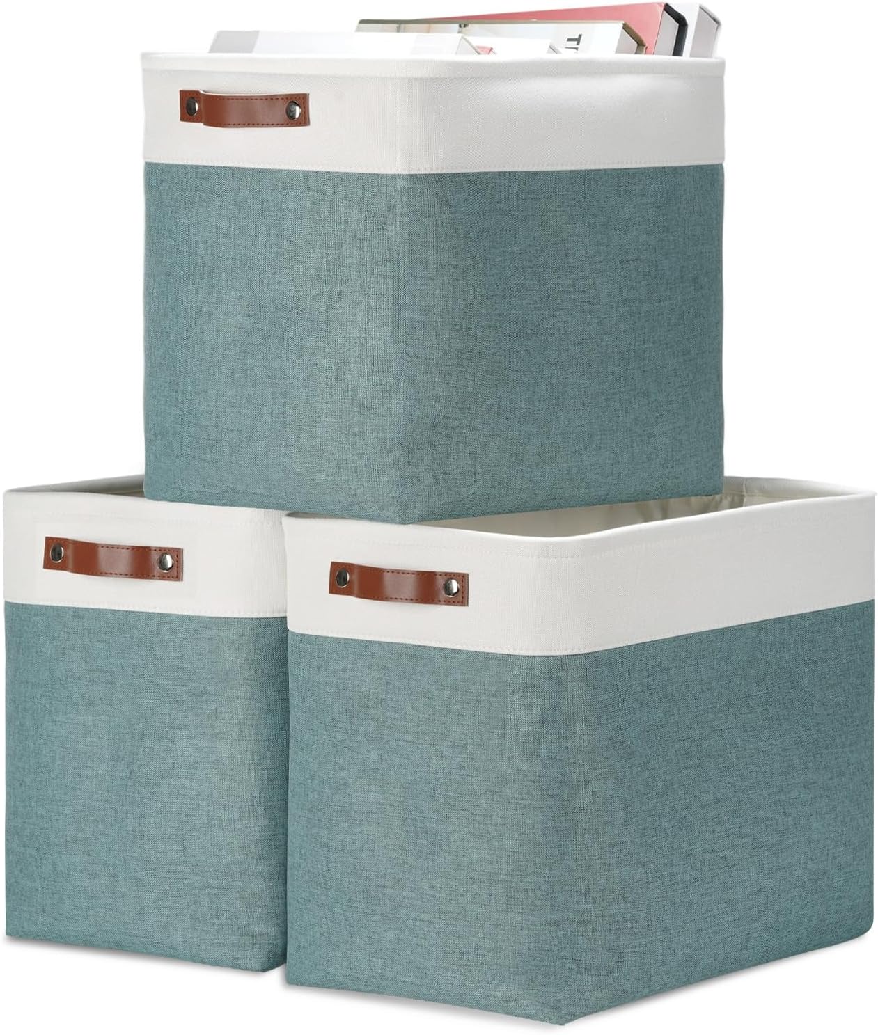 DULLEMELO Large Rectangular Baskets for Blankets 51L Canvas Storage Baskets for Organizing 3 Pack Collapsible Baskets Bins for Organizing Home Office with Handles (White&Deep Green)