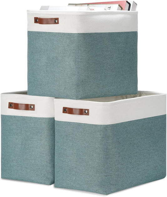 DULLEMELO Large Rectangular Baskets for Blankets 51L Canvas Storage Baskets for Organizing 3 Pack Collapsible Baskets Bins for Organizing Home Office with Handles (White&Deep Green)
