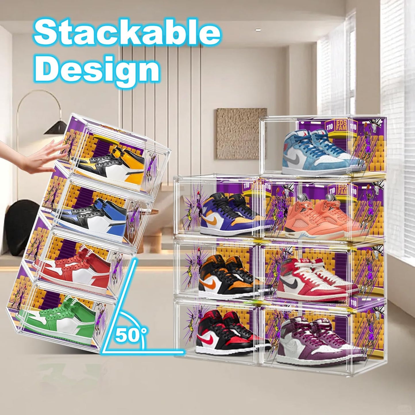 Acrylic Shoe Box Clear Plastic Stackable Storage Boxes with Magnetic Door Sneaker Storage Shoe Rack for Closet Drop Side Shoe Containers for Entryway