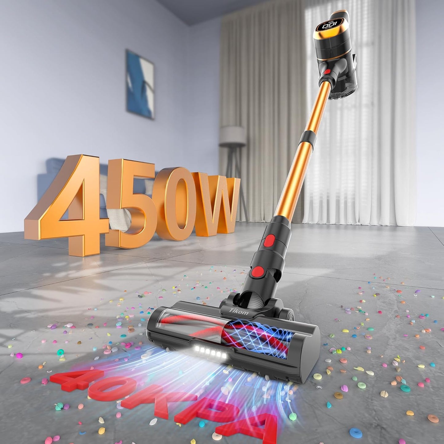 Tikom V500 Cordless Vacuum Cleaner for Home, 40000Pa/450W Stick Vacuum with LED Touch Screen, Charging Wall Dock, Anti-Tangle, Lightweight Handheld Vacuum for Pet Hair, Hard Floor, Carpet