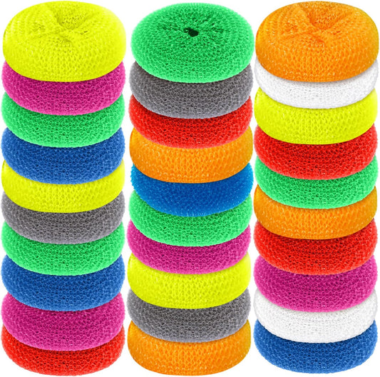 Blulu Plastic Dish Scrubbers for Dishes Pot Round Nylon Pad, Mesh Scouring Non Scratch Pads(Rainbow Colors,30 Pieces)
