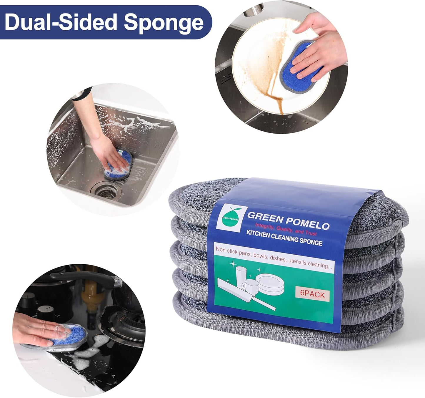 Multipurpose Sponges Kitchen,6 Pack Reusable Non-Scratch Scrub Sponge,Rough Scrubbers Side for Pots and Pans,Soft Microfiber Scrub Side for Washing Dishes
