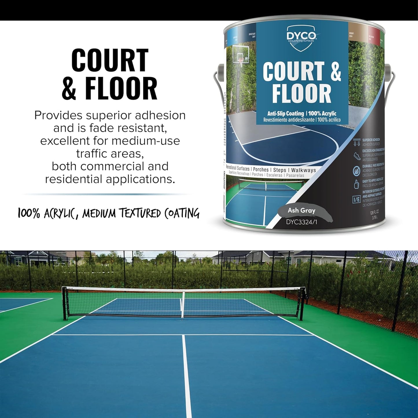 DYCO Court & Floor Anti-Slip Coating - Slip-Resistant Pavement, Cement & Concrete Paint for Pickleball, Tennis & Basketball Courts, Exceeds ADA Standards for Safety Areas (Ash Gray, 1 Gallon)