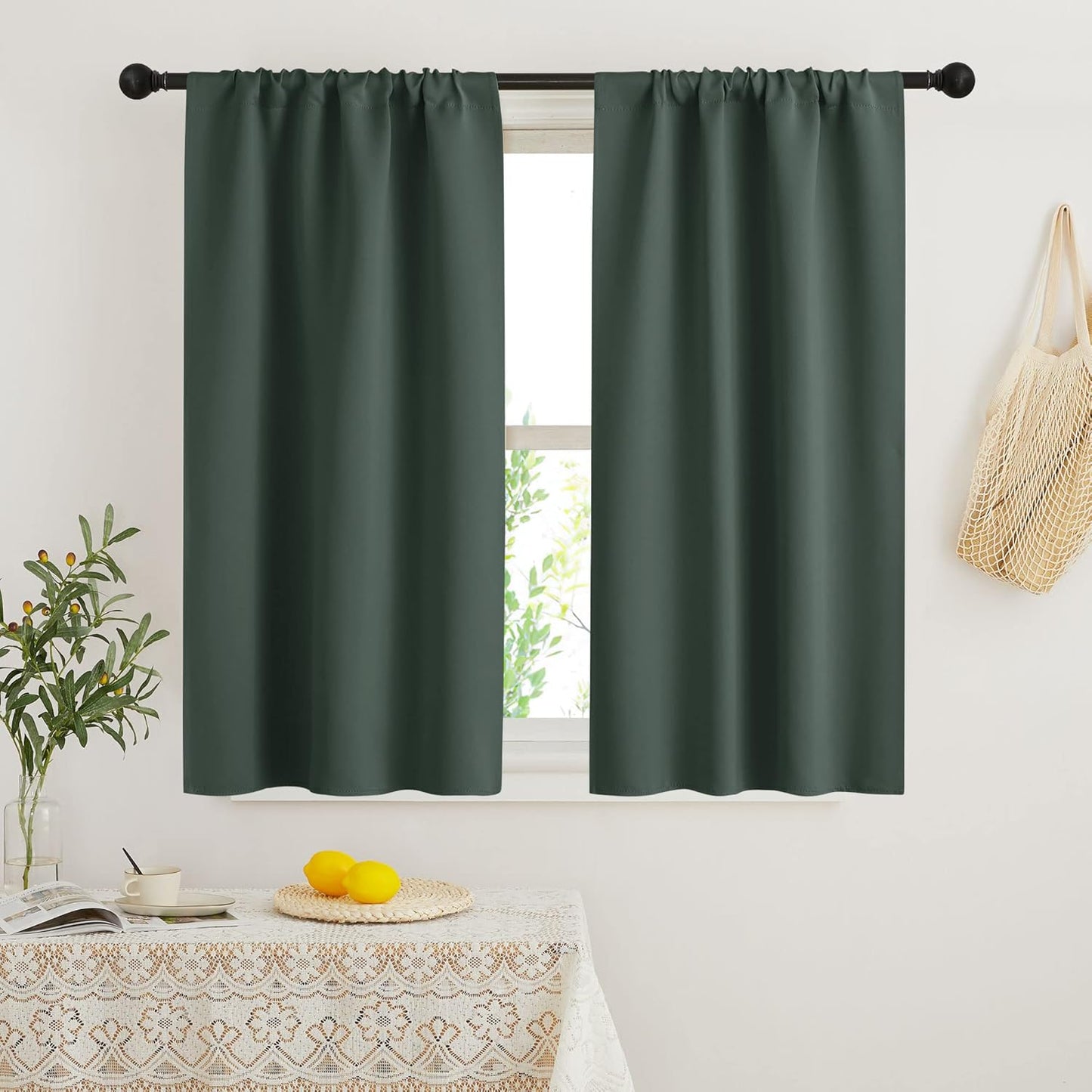 RYB HOME Dorm Curtains Room Darkening, 45 inch Length Privacy Window Treatment Thermal Insulated Covers for Shortage Room Studio Nursery, W29 x L45 inch, 2 Panels, Dark Green