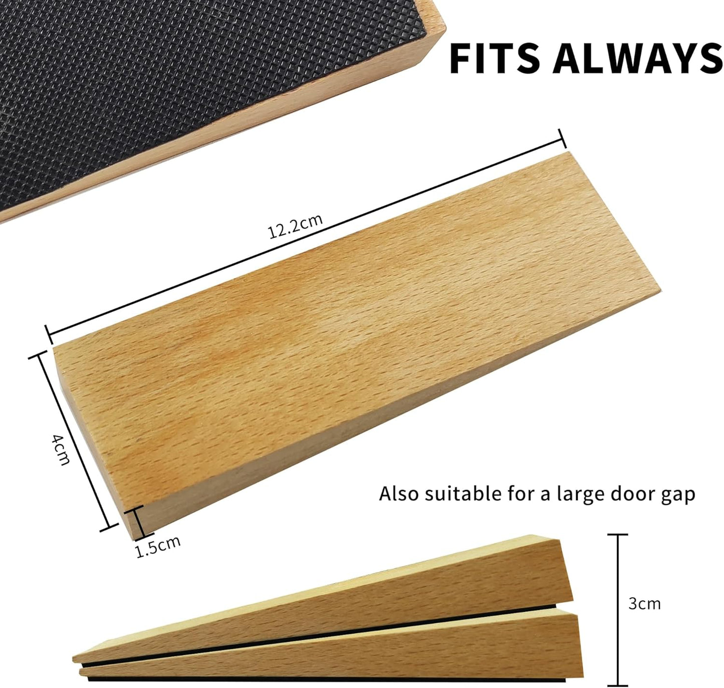 4 Pack Wooden Door Stop - Non-Slip Door Stoppers for Floor - Door Wedges for All Door Types and Surfaces - Each Door Stopper 0.6inch Thick, 4.7inch Long with Rubber