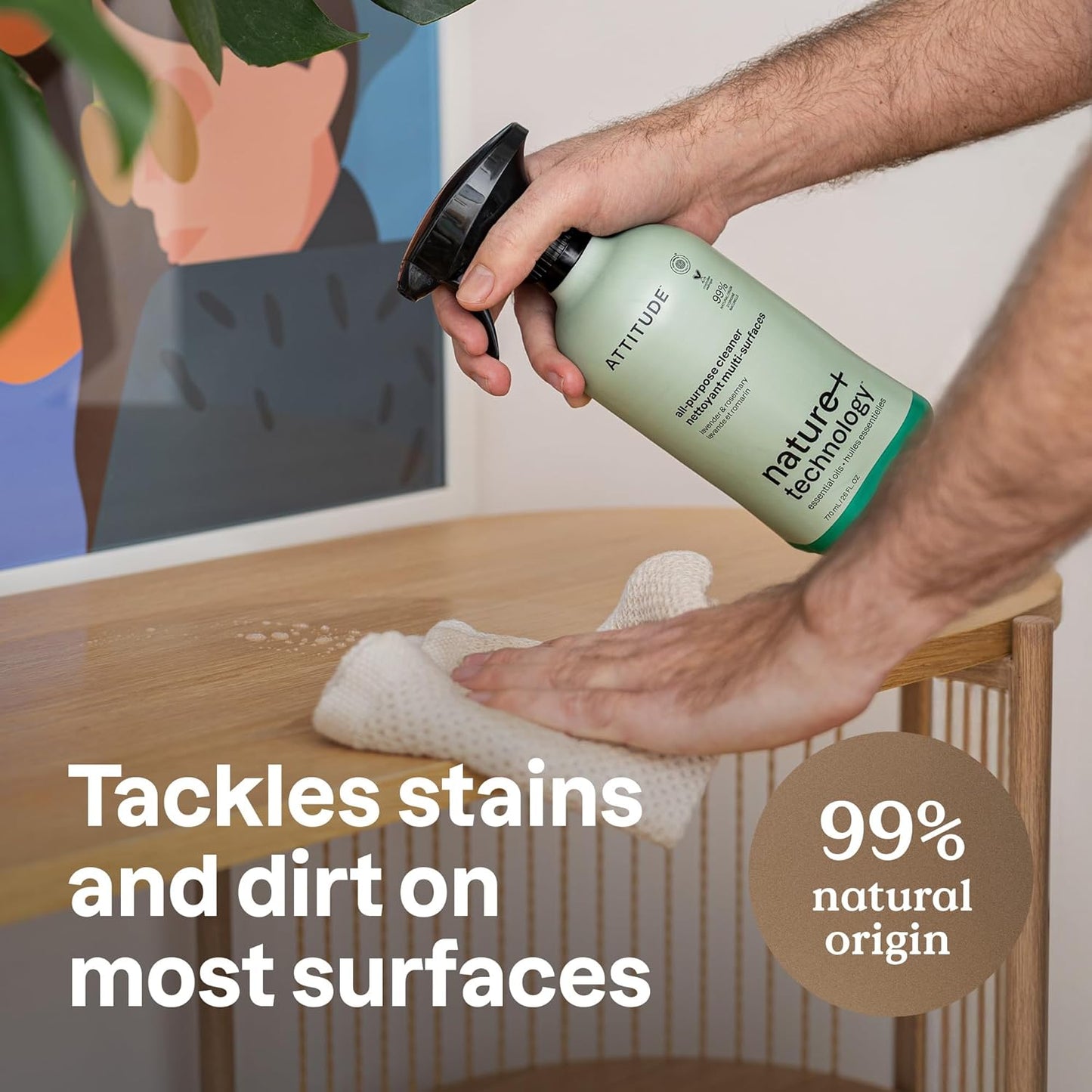 ATTITUDE All-Purpose Cleaner Spray, Natural Origin Ingredients, EWG Verified, Ammonia-Free, Removes Fingerprints, Dust and Dirt, Streak-Less, Lavender & Rosemary, 26 Fl Oz