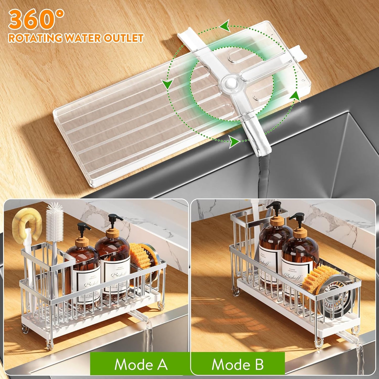 Cisily Extra Large Silver Sponge Holder for Kitchen Sink, Sink Caddy Organizer with High Brush Holder, Kitchen Countertop Organizers and Storage Essentials, Rustproof 304 Stainless Steel