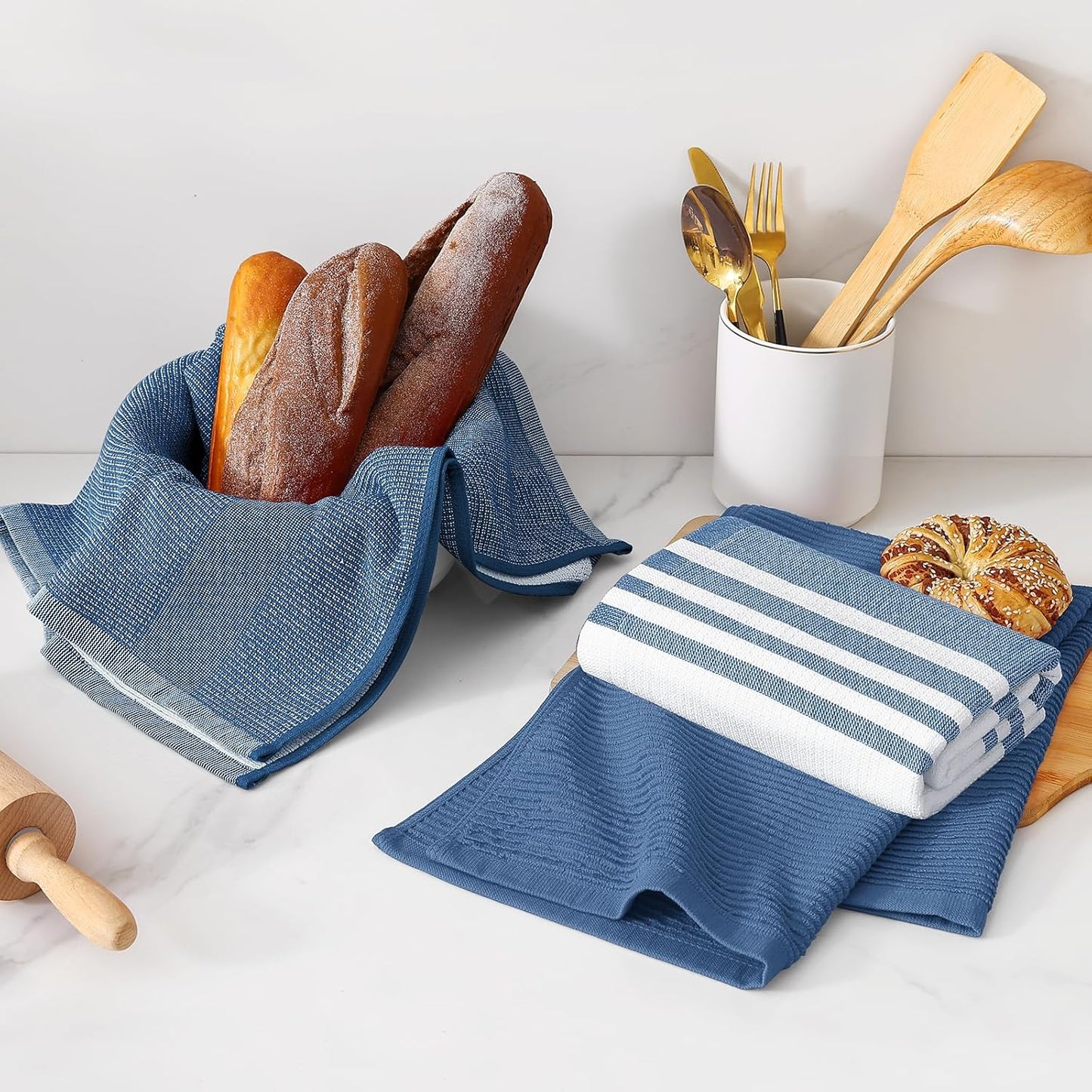 Homaxy Premium Kitchen Towels(18”x 28”, 12 Pack), Large Cotton 380 GSM Kitchen Hand Towels, Soft and Absorbent Terry Dish Towels, Multipurpose Tea Towel Set with Hanging Loop, Navy Blue