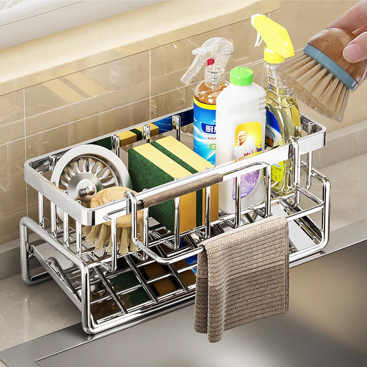 Sponge Holder for Kitchen Sink, Sink Caddy Organizers Stainless Steel,30°Tilt Self-Drainage,Sponge Holder with Dish Brush Holder,Removable Dishcloth Rack for Kitchen Storage Box,Silver