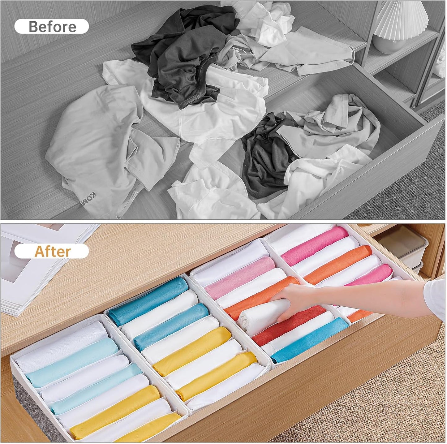 4 Packs T-shirt Drawer Organizers for Clothing,8 Grids Compartment Wardrobe Storage Box, Washable Clothes Organizer for Legging,Silk Scarve-12.59''x9.05''x5.9-GreyWhite