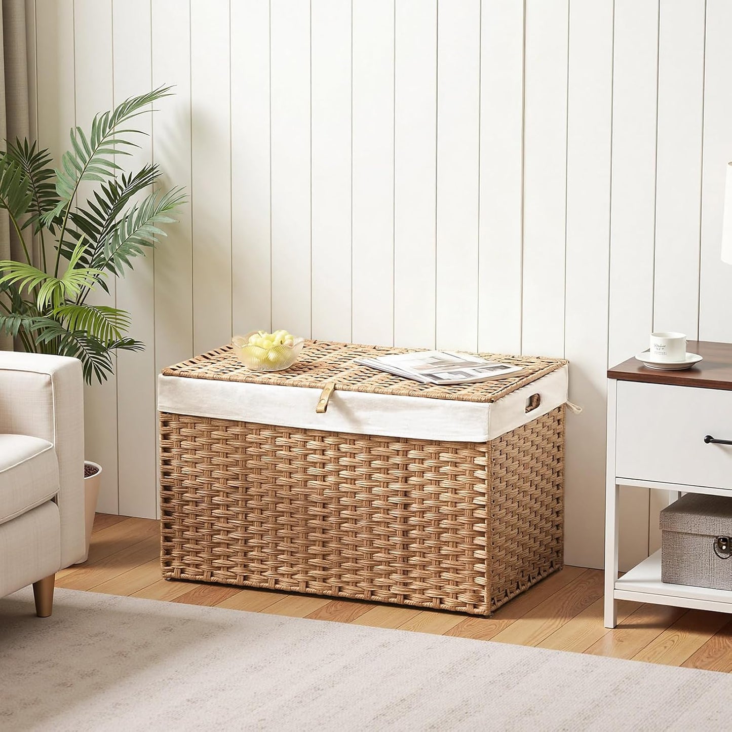 HOOBRO Storage Basket with Lid, 42.3 Gallon (160L) Wicker Basket, Handwoven Blanket Storage Basket with Handles, Metal Frame and Soft Lining, Foldable for Bedroom, Laundry Room, Natural NL216CW01