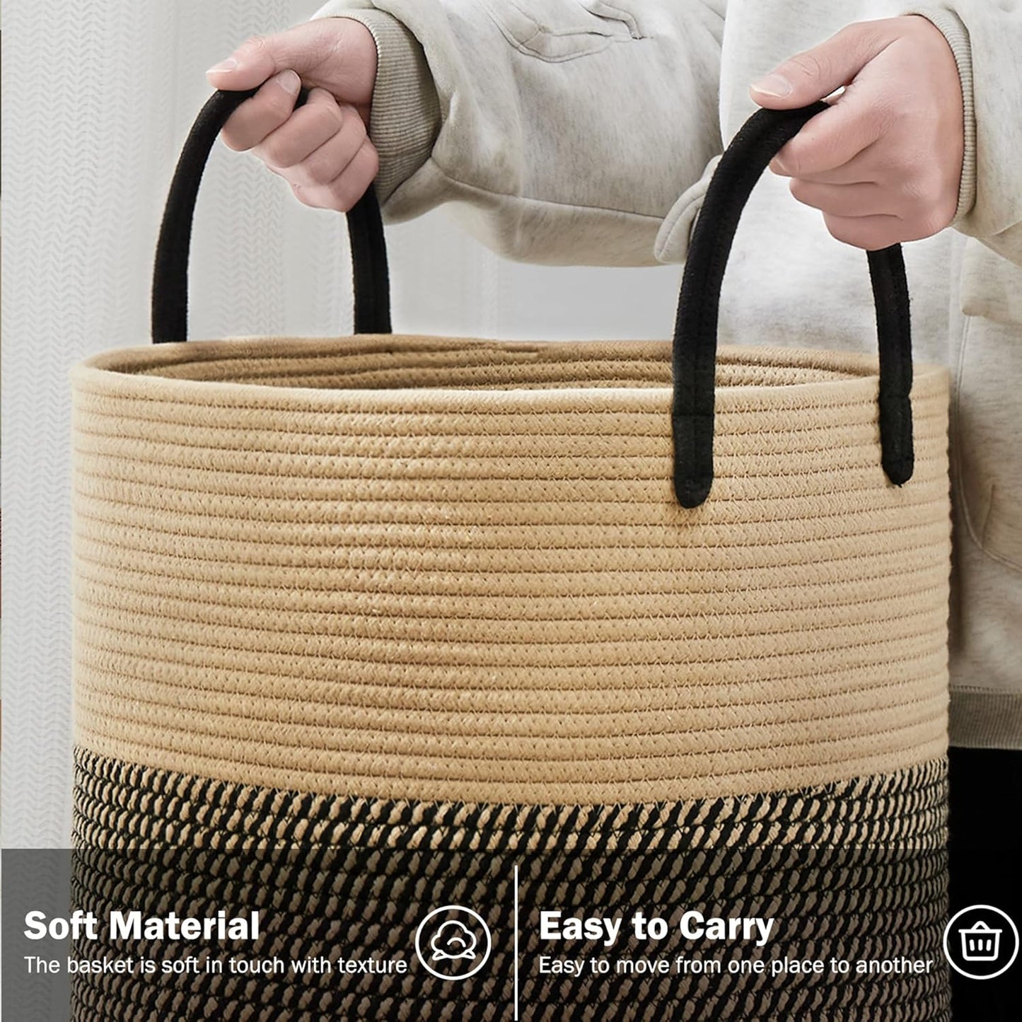 YOUDENOVA Woven Rope Laundry Hamper Basket, 100L Tall Laundry Basket, Baby Nursery Hamper for Blanket Storage, Clothes Hamper for Laundry in Bedroom-Extra Large-Black Brown