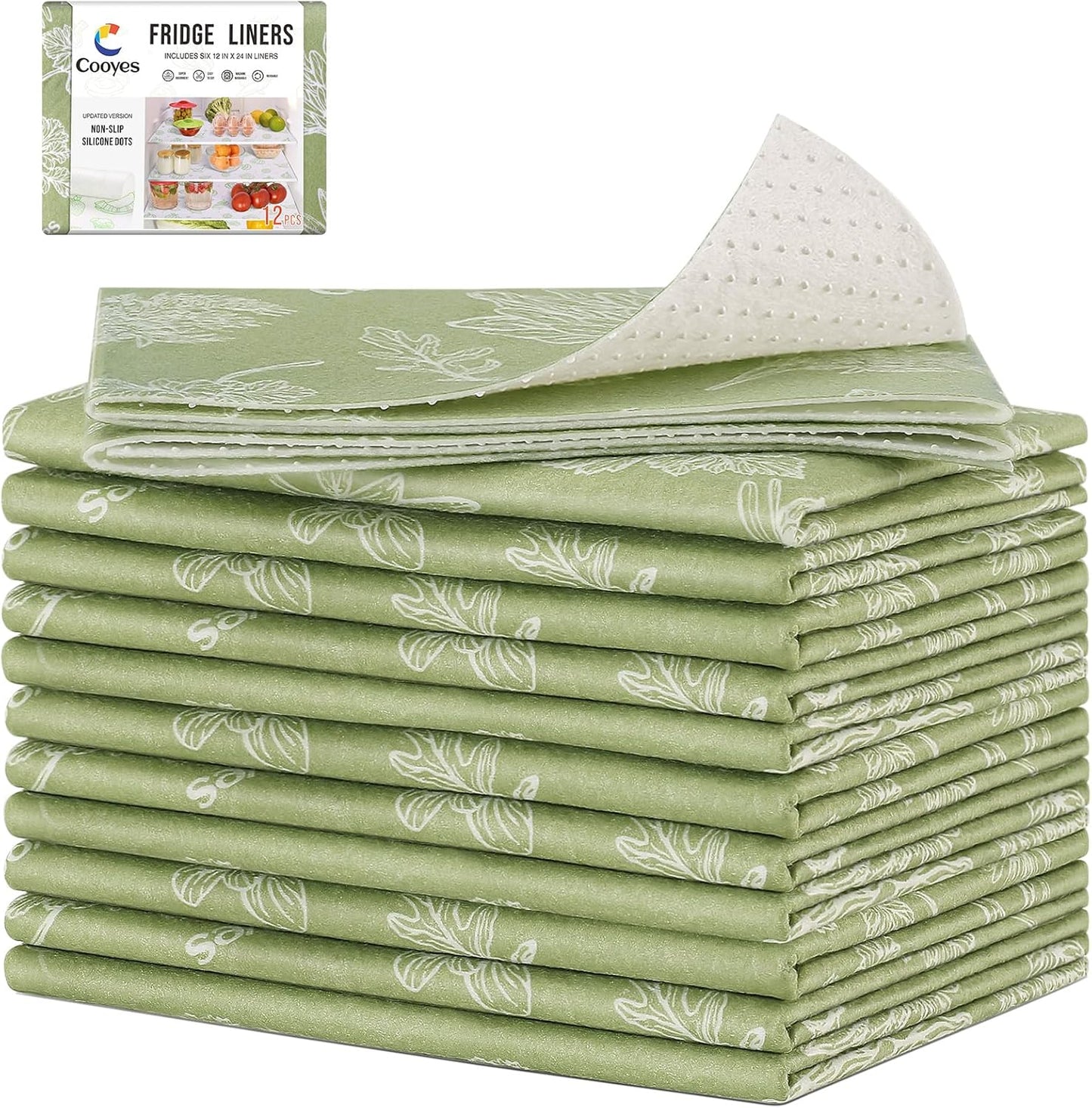 Cooyes Large Refrigerator Liners for Shelves, 12 Pack, 17.7" × 24", Fridge Drawer & Shelf Liners for Kitchen Cabinets Non-Adhesive, Breathable Cloth Material, Keep Produce Fresh Longer, Sage Green