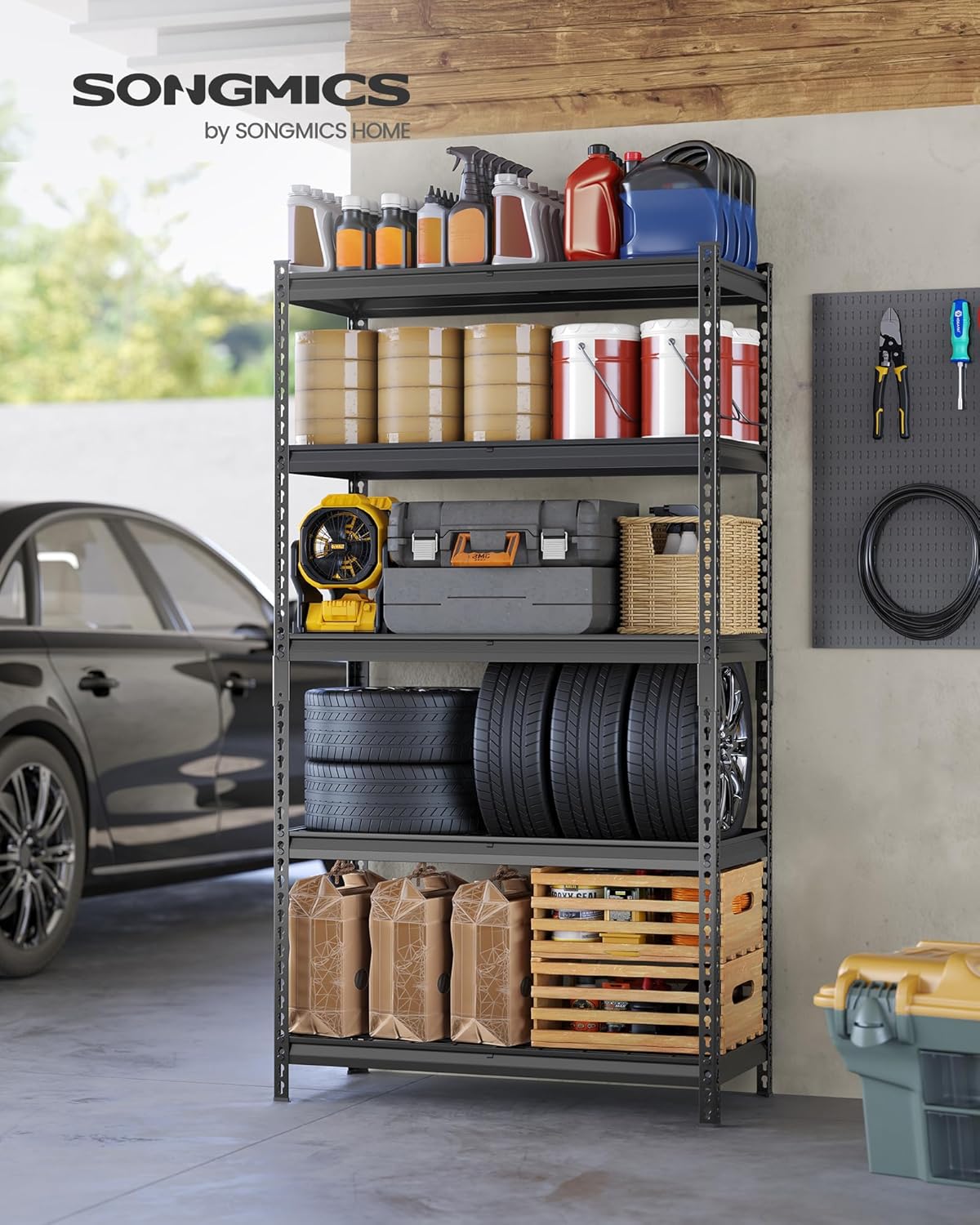 SONGMICS 5-Tier Storage Shelves, Heavy-Duty Garage Shelving, Adjustable Shelving Unit, Steel Shelf, Boltless Assembly, for Garage, 2,250 lb Load, 18 x 108 x 72 Inches, Ink Black UGLR453B03