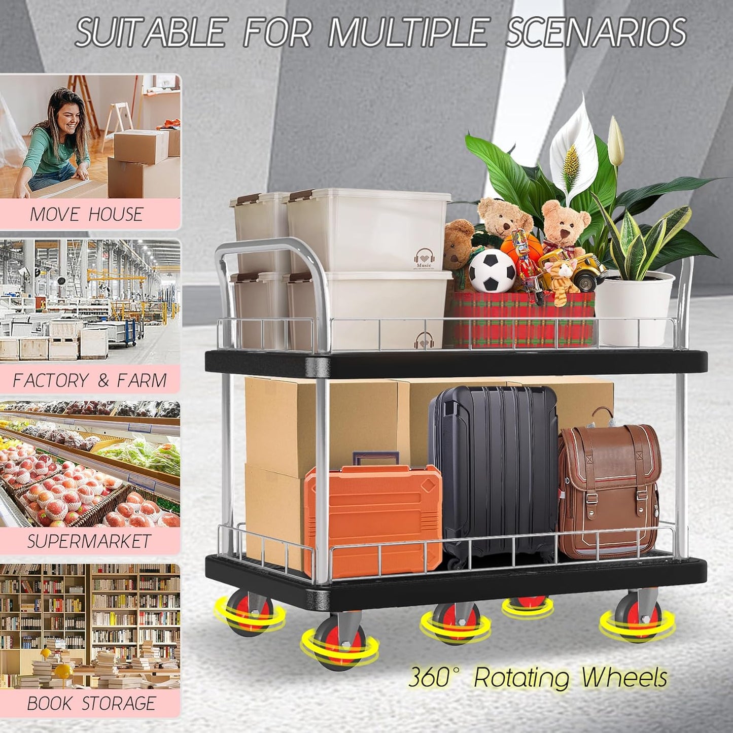 Utility Service Cart 2 Shelf - 880lbs Capacity Heavy-Duty Plastic Rolling Utility Carts with 5 of 360° Swivel Wheels and Handle, Large Service Cart for Groceries, Warehouse,Garage 43.5''x25.6''