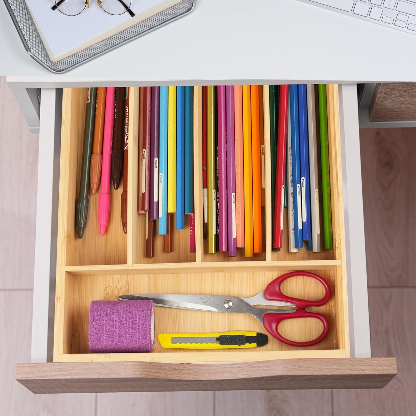 LotFancy Bamboo Kitchen Drawer Organizer, 9.5 Inch Silverware Tray for Small Drawer, Utensil Organizer for Cutlery, Fork, Spoon Storage (5 Slots, Natural)