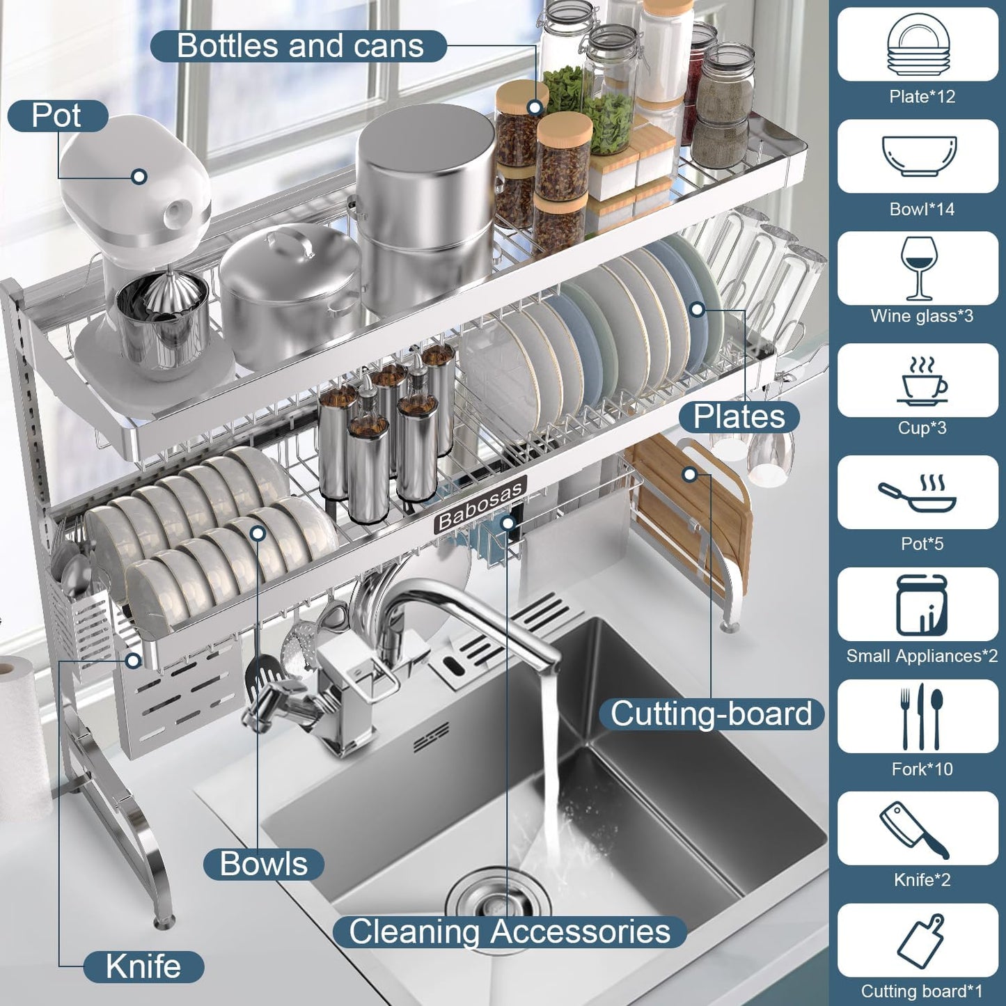 Over The Sink Dish Drying Rack,3 Tier Adjustable Length (25.5'' to 37.4'') Full Stainless Steel Large Storage Kitchen Dish Rack,For Kitchen Counter Expandable Multifunctional Organizers,Silver