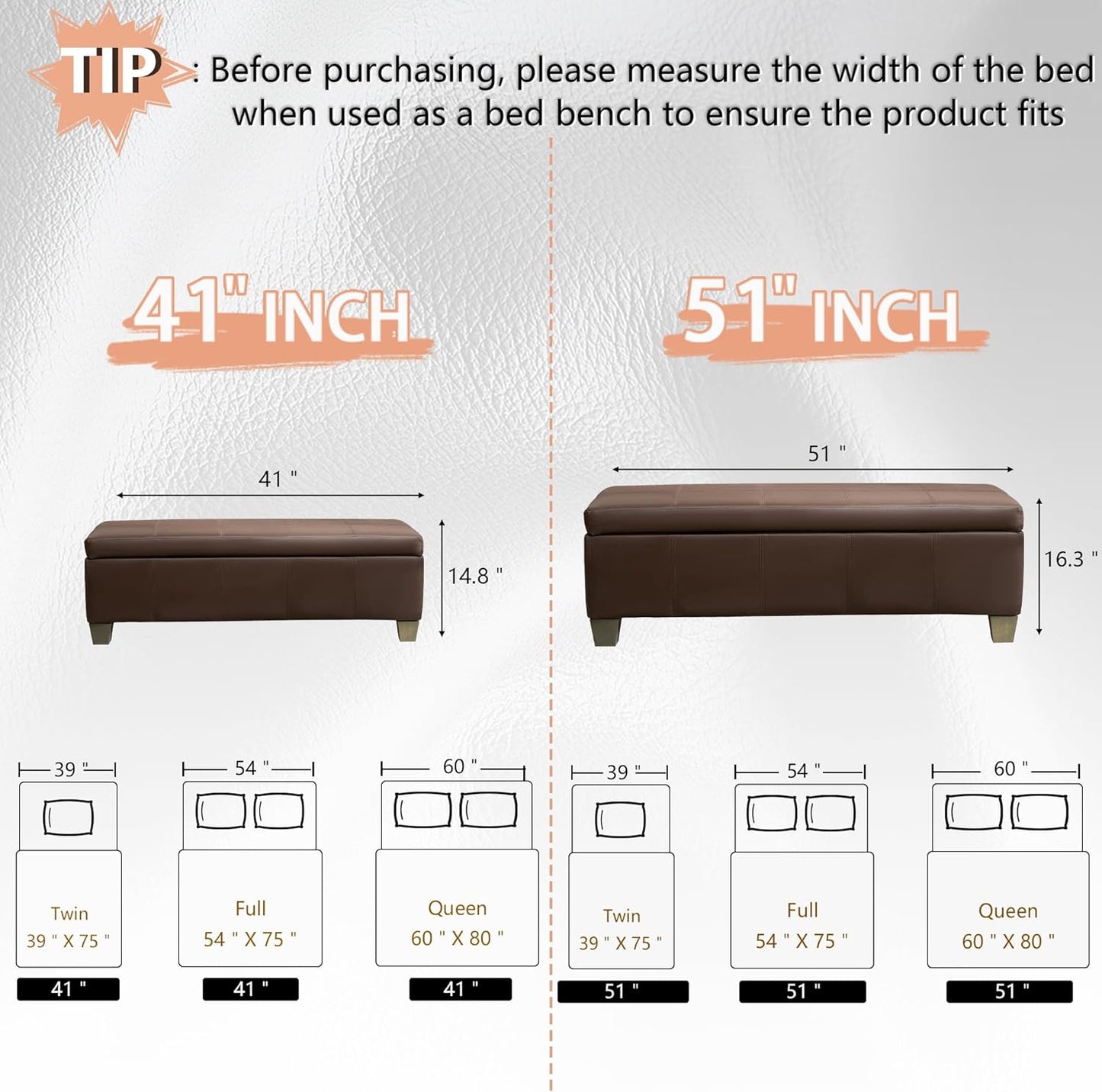 Brown Faux Leather Ottoman with Storage, Rectangular Extra Long Storage Bench for Bedroom and Living Room