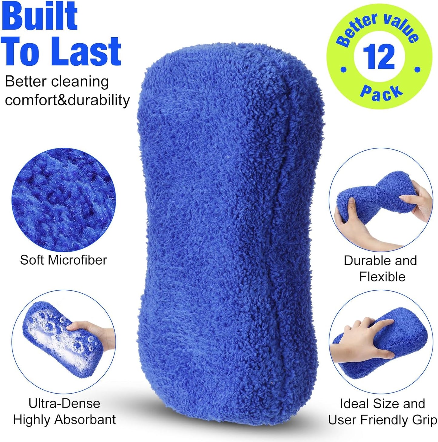 12 Pack Microfiber Car Wash Sponge 9" x 4.3" Large Sponges Two-Sided Non-Scratch Wash Mitt Microfiber Applicator Pad for Car Washing Supplies, Extra Thick Foam Kit Great for Cleaning