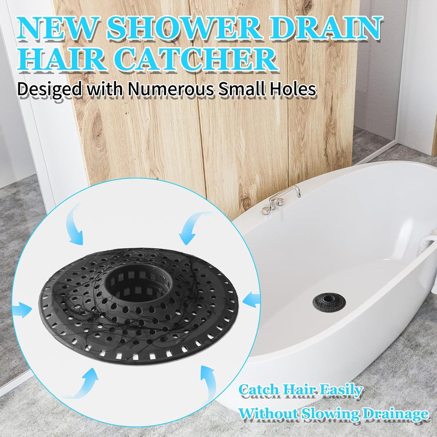 Shower Hair Drain Catcher, Silicone Bathtub Drain Hair Catcher Strainer, All-in-one Tub Hair Catcher Drain Protector for 1.48'' to 1.76'' Regular Drains, 3PCS/Black