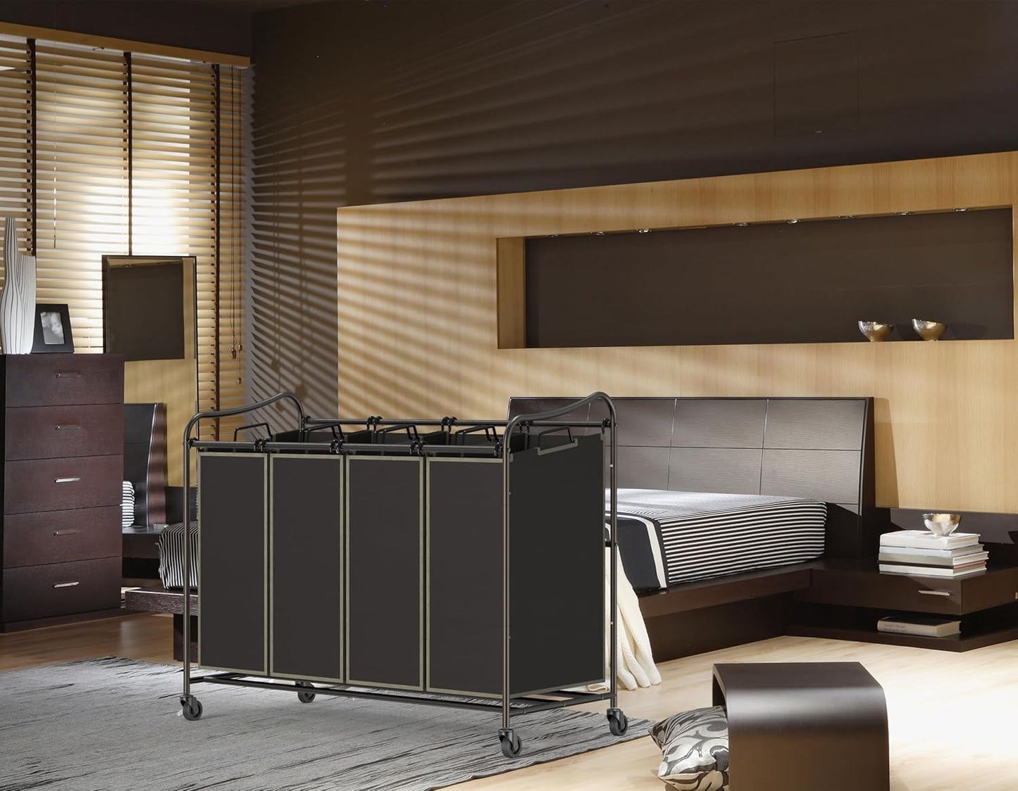 Simple Houseware 4-Bag Heavy Duty Laundry Sorter Rolling Cart, Brown