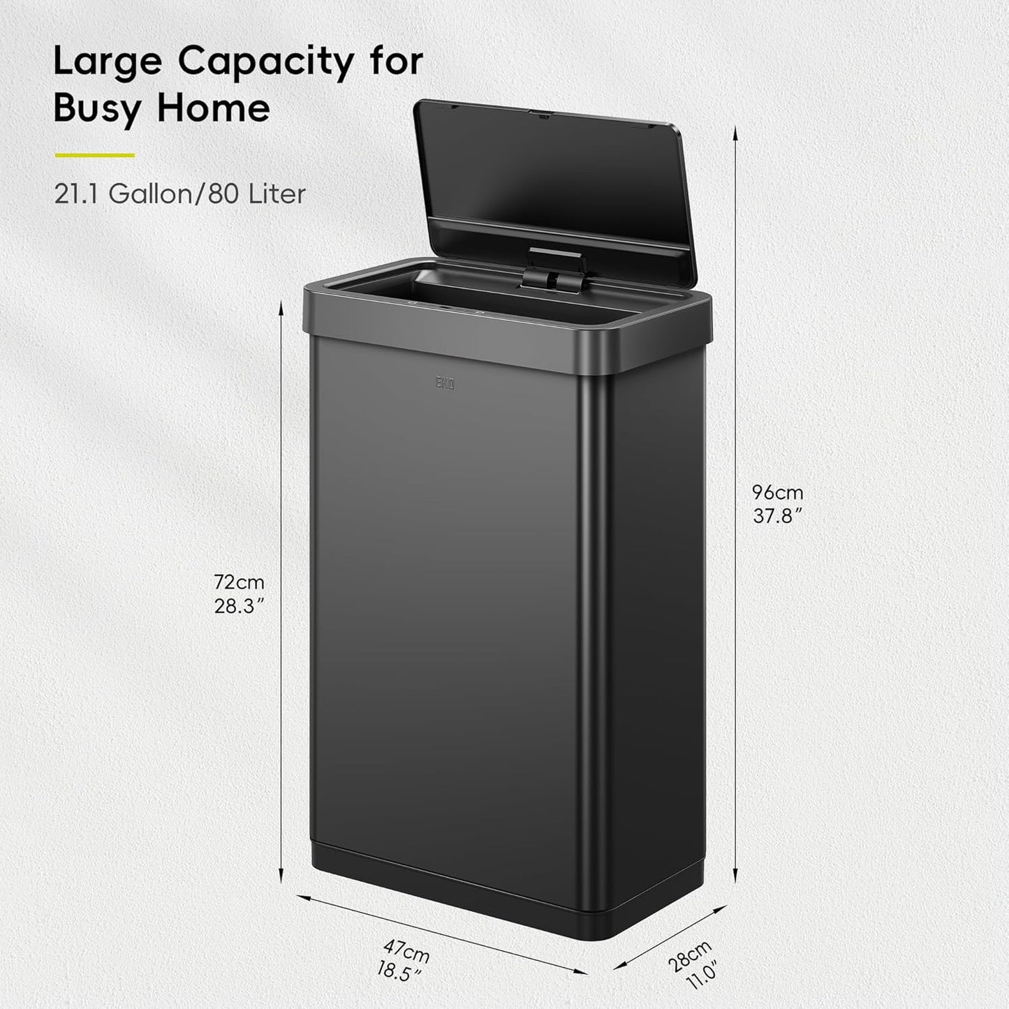 EKO Mirage X 80 Liter / 21.1 Gallons Motion Sensor Trash Can, Automatic Large Kitchen Trash Can Touchless, Stainless Steel, Matte Black
