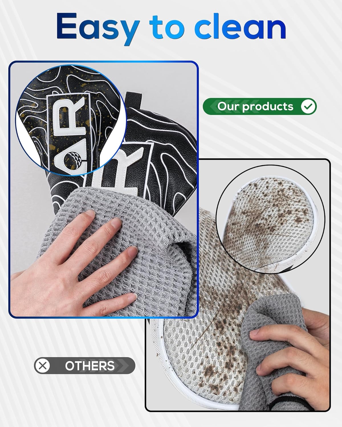 Big Teeth Golf Club Covers Full Set Driver Headcover Fairway Wood Hybrid Golf Club Iron Head Covers, Topographic Edition Putter Cover Leather Golf Head Covers Pure Black, Gifts for Men