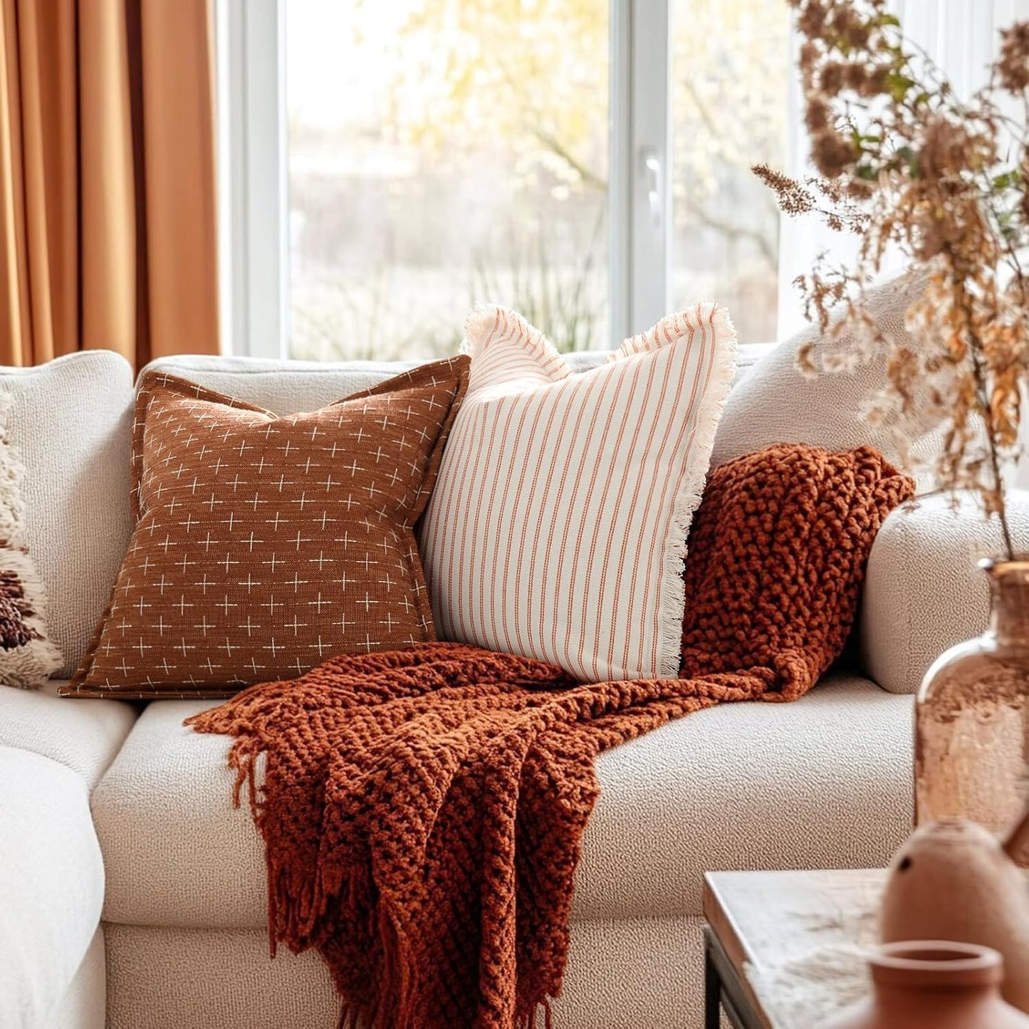 ZWJD Fall Throw Pillow Covers 26x26 Set of 2 Soft Polyester Textured Rust Pillow Covers with Stylish Flange Edge Cozy Farmhouse Throw Pillows for Couch Bed Sofa Living Room Fall Decor