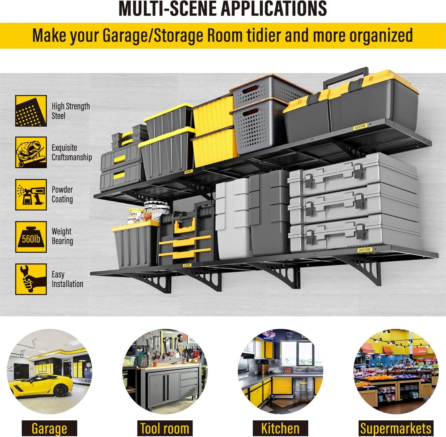 4-Pack 1.64x4ft Adjustable Garage Wall Shelving 1120lbs Load Capacity Heavy Duty Wall Mounted Storage Shelf Metal Floating Shelves for Garage(Black)