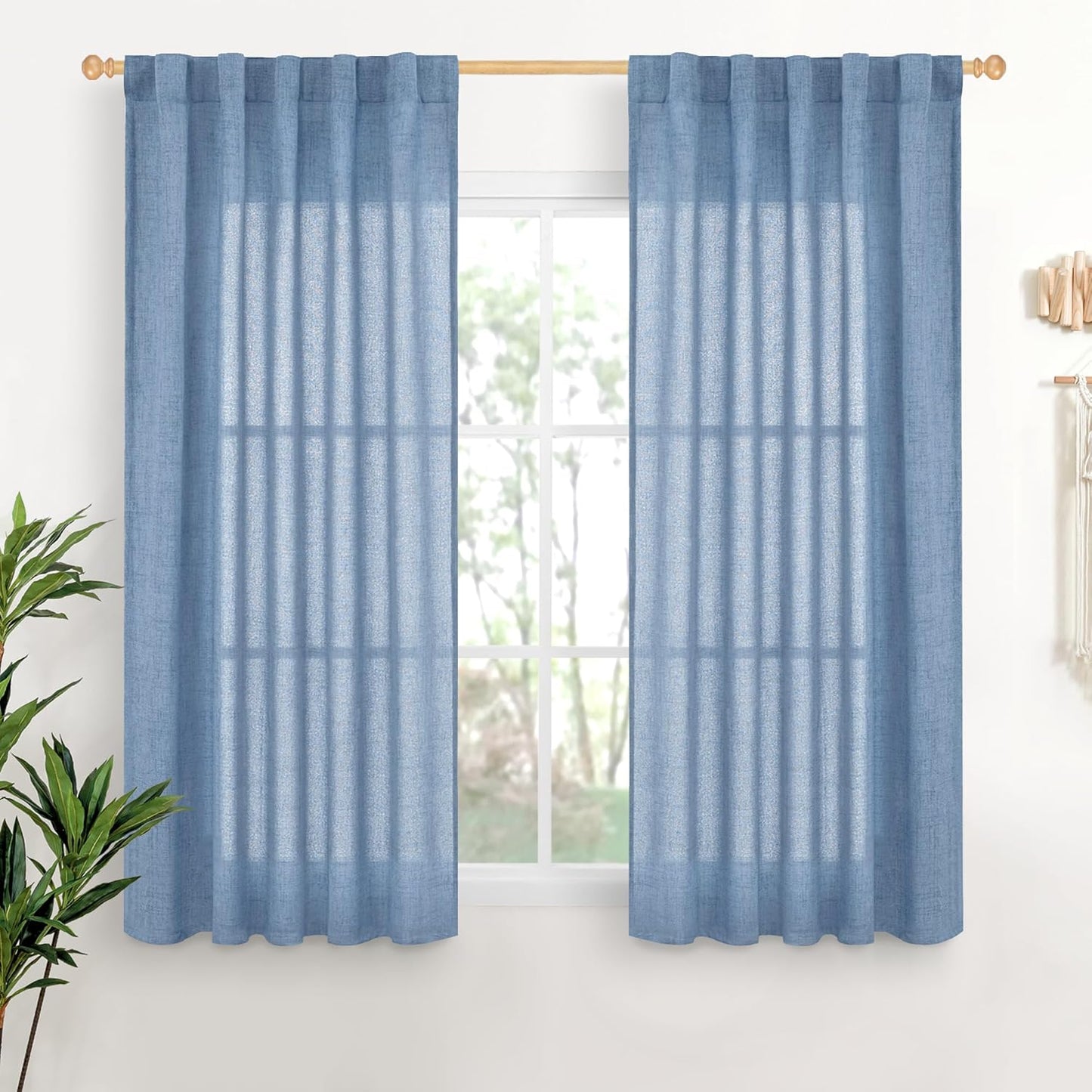 YoungsTex Denim Blue Linen Curtains 48 Inch Length for Short Kitchen Window, Semi Sheer Drapes Light Filtering with Rod Pocket Back Tab for Bathroom Living Room, 2 Panels, 42 X 48 Inch
