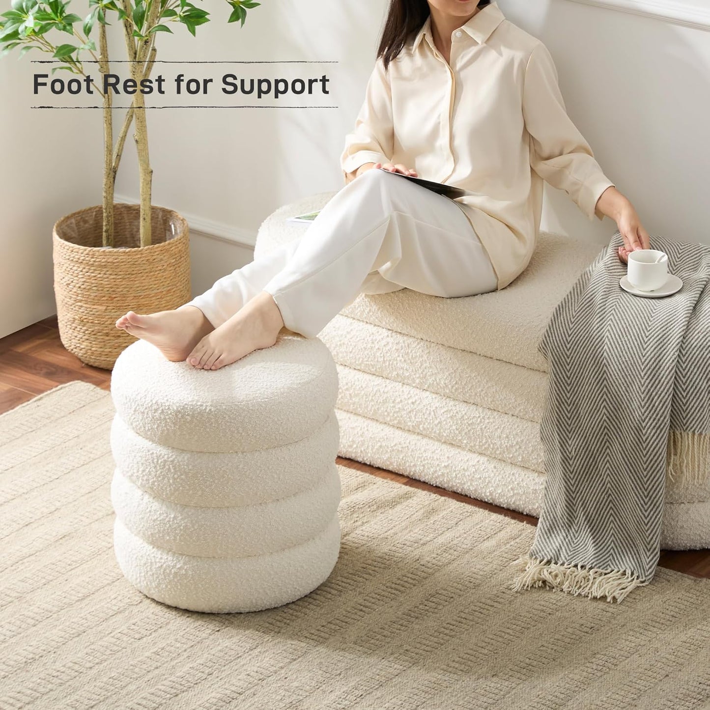 Round Ottoman with Storage Boucle Ottoman Stool with Storage Removable Lid for Living Room Modern Vanity Sorage Stool Foot Rest Bedroom Dorm Gift Set of 1 (White)