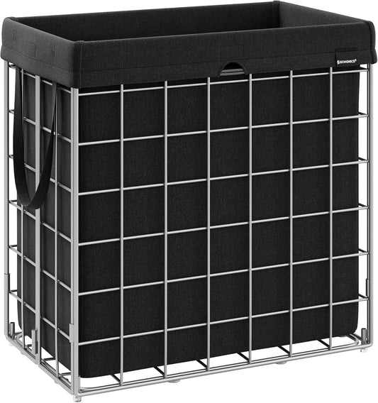 SONGMICS 29 Gal. (110L) Laundry Basket, Laundry Hamper, Collapsible Clothes Hamper, Removable and Washable Liner, Metal Wire Frame, for Bedroom Bathroom, Silver and Classic Black ULCB111B01