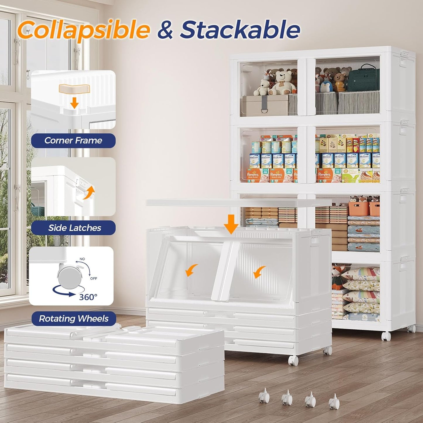 800Qt Stackable Storage Bins with Lid and Wheels, 200Gal Plastic Closet Organizer and Storage Drawer, Large Collapsible Storages Box Cabinet with Clear Door for Home Kitchen, 4Pack White